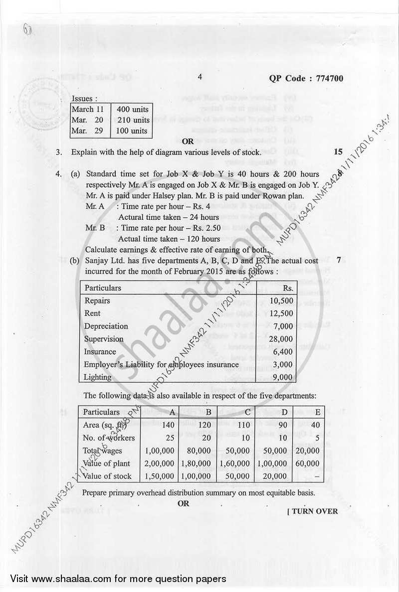 Cost Accounting-Introduction and Element of Cost 1 2016-2017 - B.Com. - Semester 1 (FYBAF) - University of Mumbai question paper with PDF download