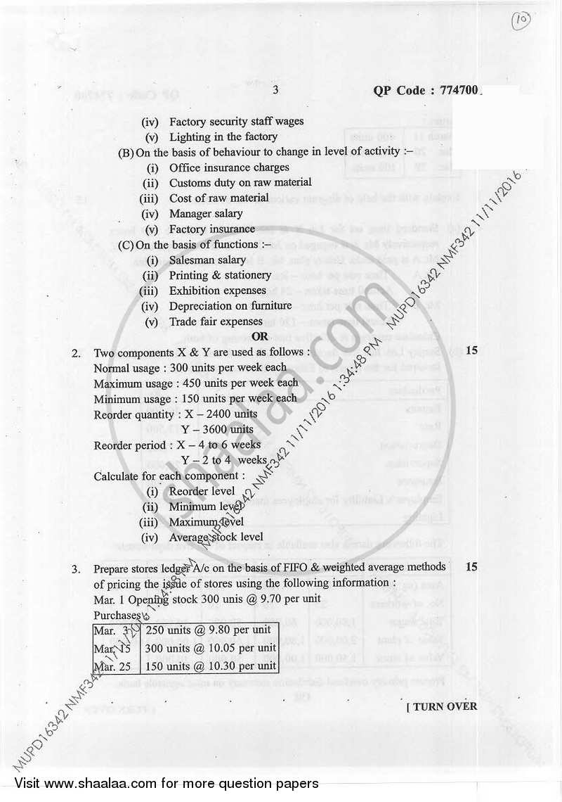 Cost Accounting-Introduction and Element of Cost 1 2016-2017 - B.Com. - Semester 1 (FYBAF) - University of Mumbai question paper with PDF download