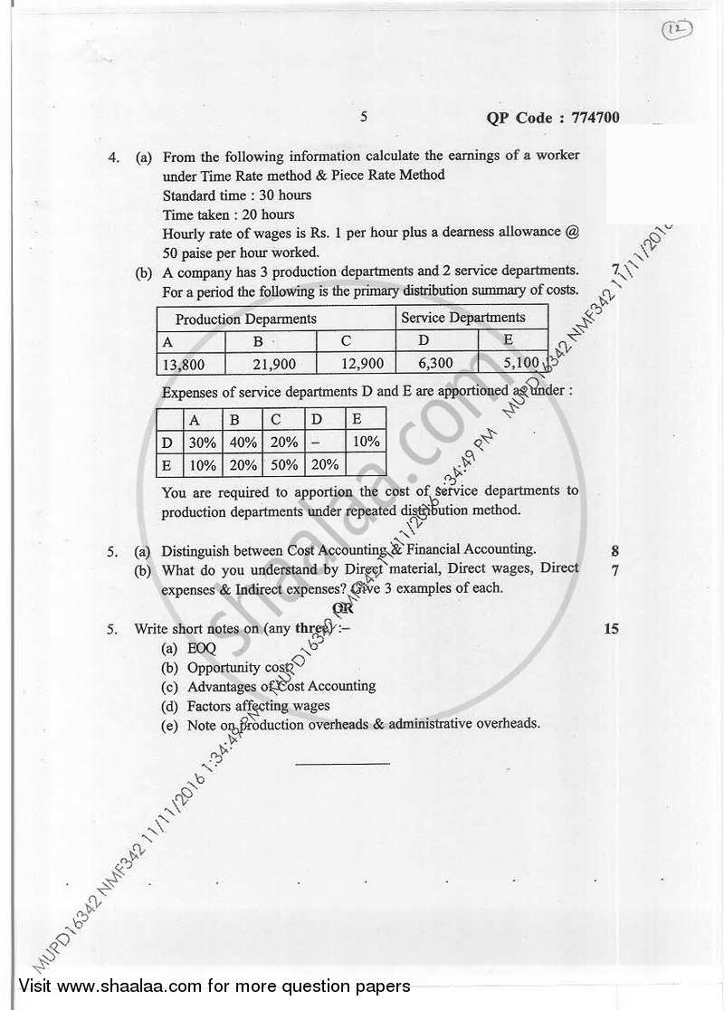 Cost Accounting-Introduction and Element of Cost 1 2016-2017 - B.Com. - Semester 1 (FYBAF) - University of Mumbai question paper with PDF download