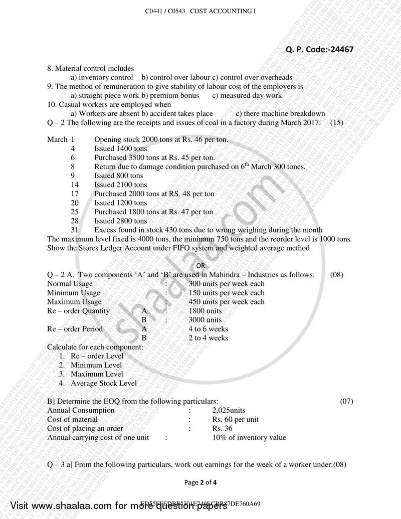 Cost Accounting-Introduction and Element of Cost 1 2017-2018 - B.Com. - Semester 1 (FYBAF) - University of Mumbai question paper with PDF download