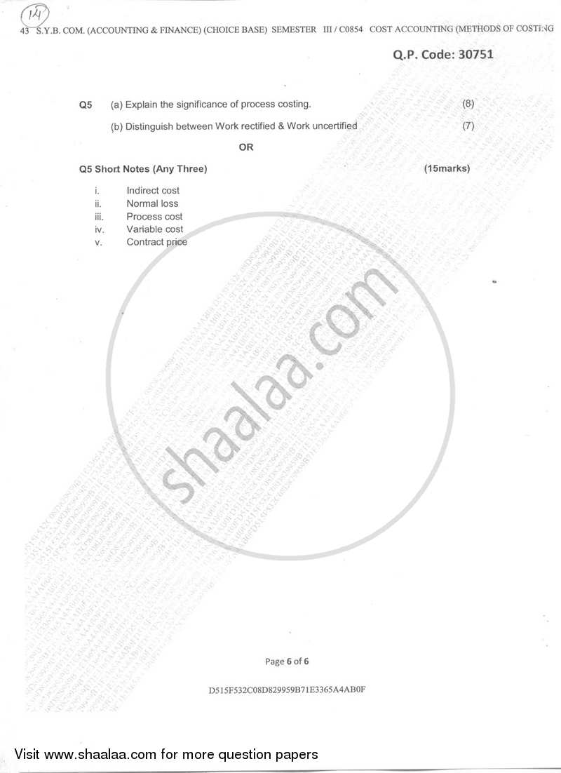 Cost Accounting Paper– 2 (Methods of Costing) 2017-2018 - B.Com. - Semester 3 (SYBAF) - University of Mumbai question paper with PDF download