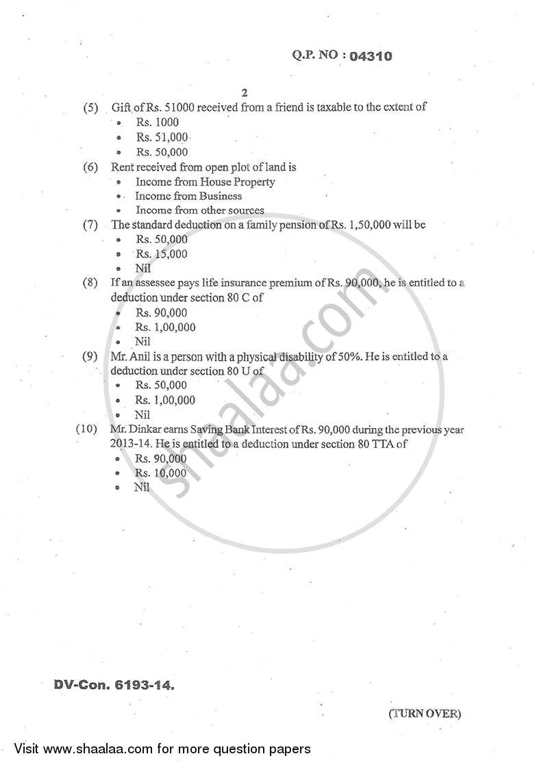 Direct and Indirect Taxation (Applied Component Group) 2014-2015 - B.Com. - Semester 5 (TYBcom) - University of Mumbai question paper with PDF download