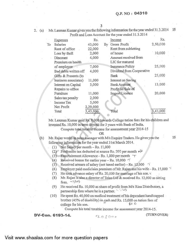 Direct and Indirect Taxation (Applied Component Group) 2014-2015 - B.Com. - Semester 5 (TYBcom) - University of Mumbai question paper with PDF download