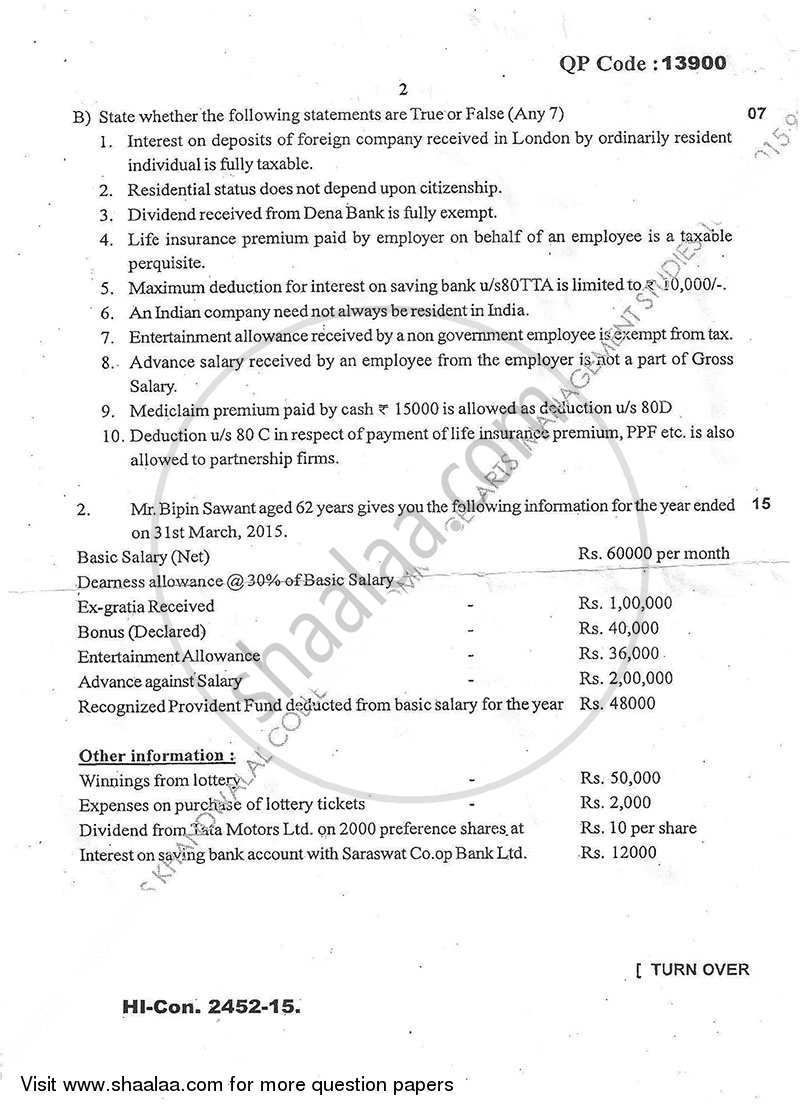 Direct and Indirect Taxation (Applied Component Group) 2015-2016 - B.Com. - Semester 5 (TYBcom) - University of Mumbai question paper with PDF download