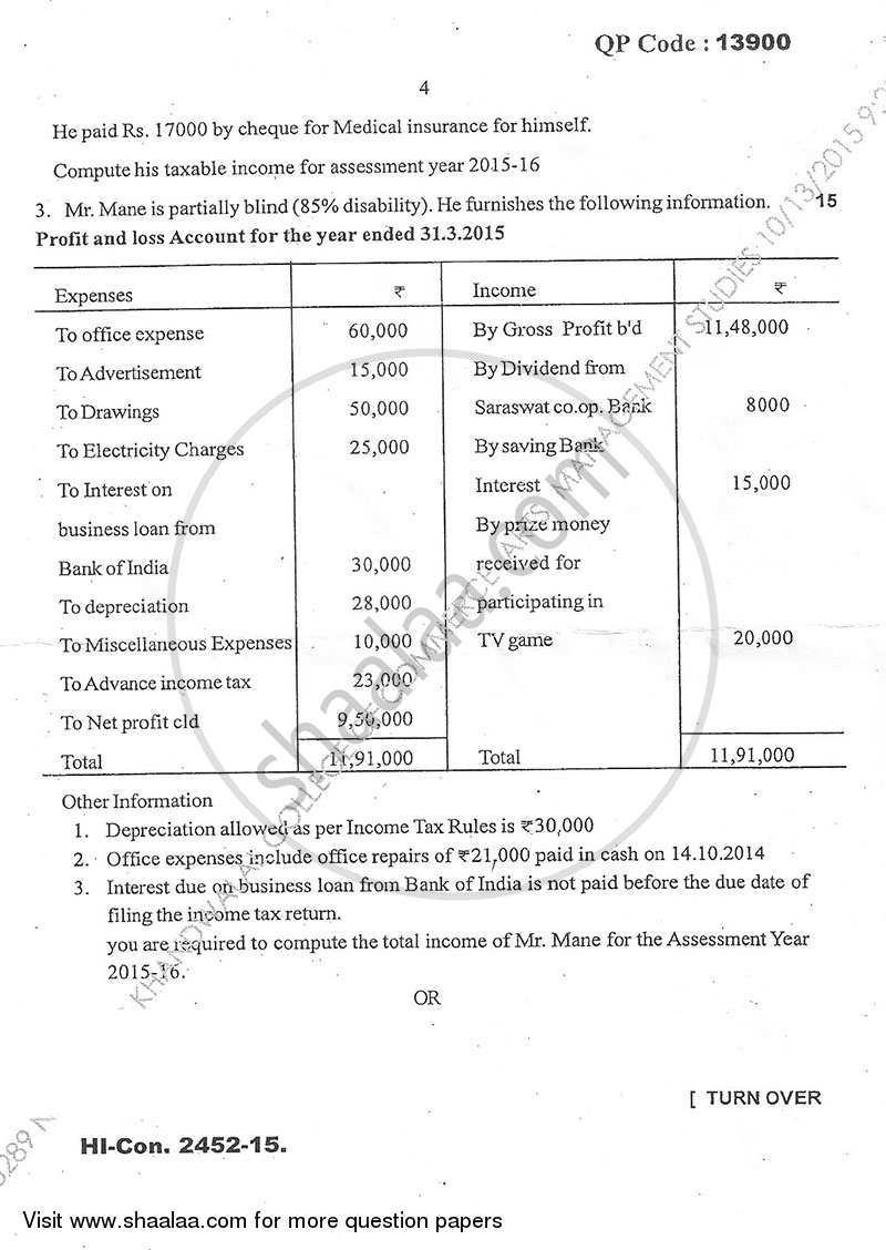 Direct and Indirect Taxation (Applied Component Group) 2015-2016 - B.Com. - Semester 5 (TYBcom) - University of Mumbai question paper with PDF download