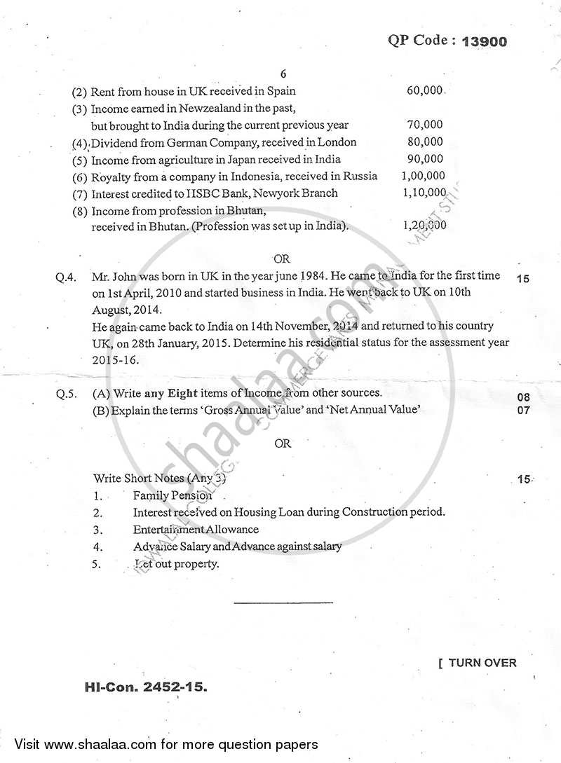 Direct and Indirect Taxation (Applied Component Group) 2015-2016 - B.Com. - Semester 5 (TYBcom) - University of Mumbai question paper with PDF download