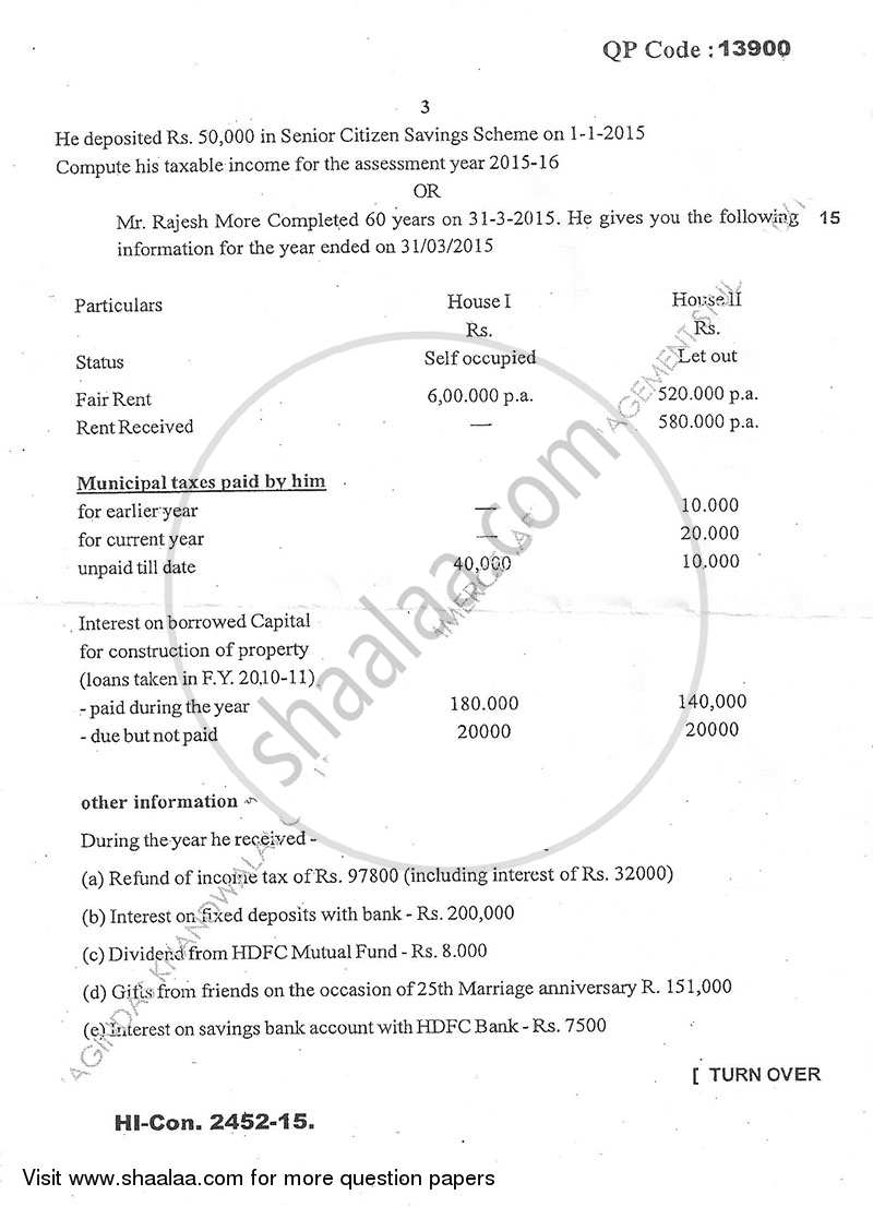 Direct and Indirect Taxation (Applied Component Group) 2015-2016 - B.Com. - Semester 5 (TYBcom) - University of Mumbai question paper with PDF download