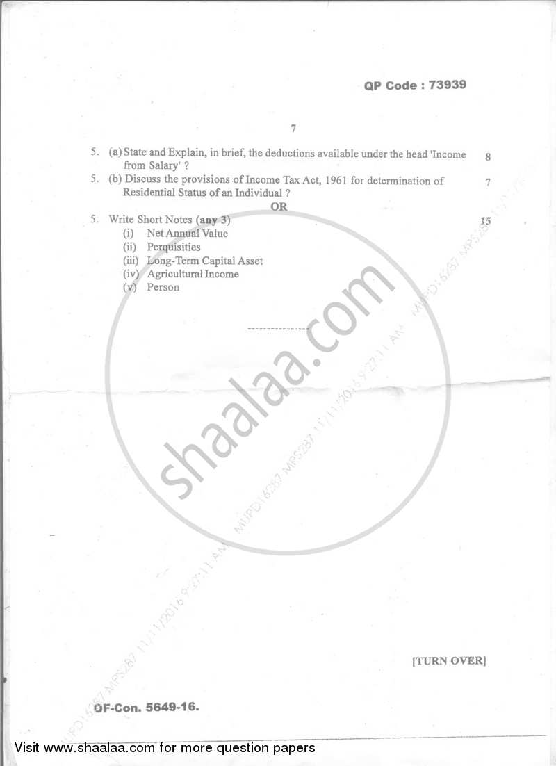 Direct and Indirect Taxation (Applied Component Group) 2016-2017 - B.Com. - Semester 5 (TYBcom) - University of Mumbai question paper with PDF download