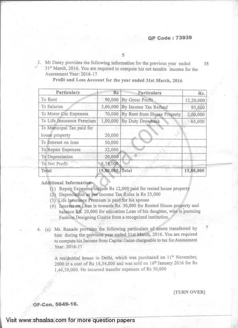 Direct and Indirect Taxation (Applied Component Group) 2016-2017 - B.Com. - Semester 5 (TYBcom) - University of Mumbai question paper with PDF download