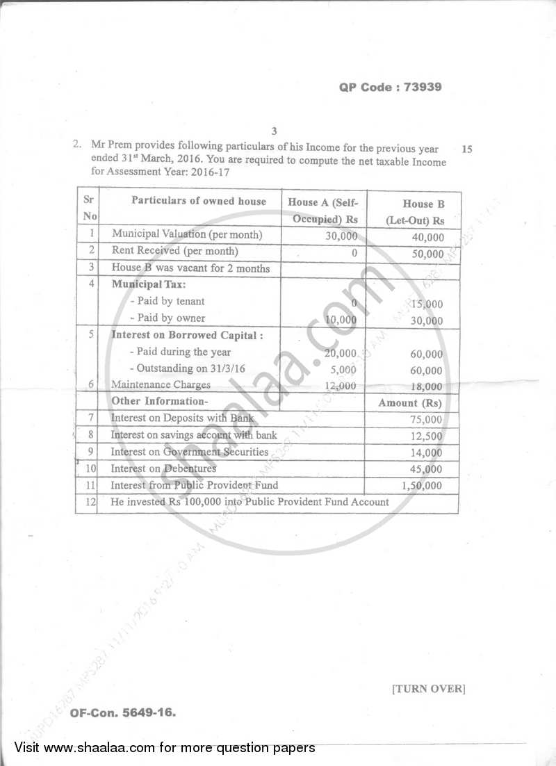 Direct and Indirect Taxation (Applied Component Group) 2016-2017 - B.Com. - Semester 5 (TYBcom) - University of Mumbai question paper with PDF download