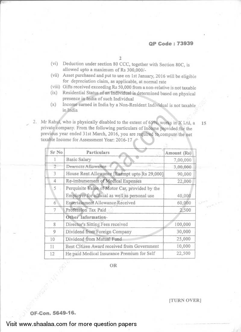 Direct and Indirect Taxation (Applied Component Group) 2016-2017 - B.Com. - Semester 5 (TYBcom) - University of Mumbai question paper with PDF download