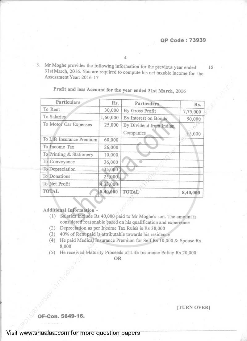 Direct and Indirect Taxation (Applied Component Group) 2016-2017 - B.Com. - Semester 5 (TYBcom) - University of Mumbai question paper with PDF download