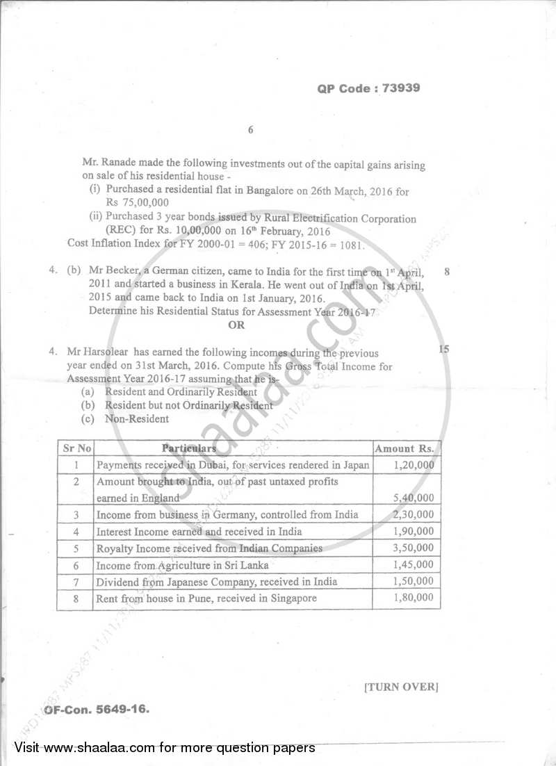 Direct and Indirect Taxation (Applied Component Group) 2016-2017 - B.Com. - Semester 5 (TYBcom) - University of Mumbai question paper with PDF download