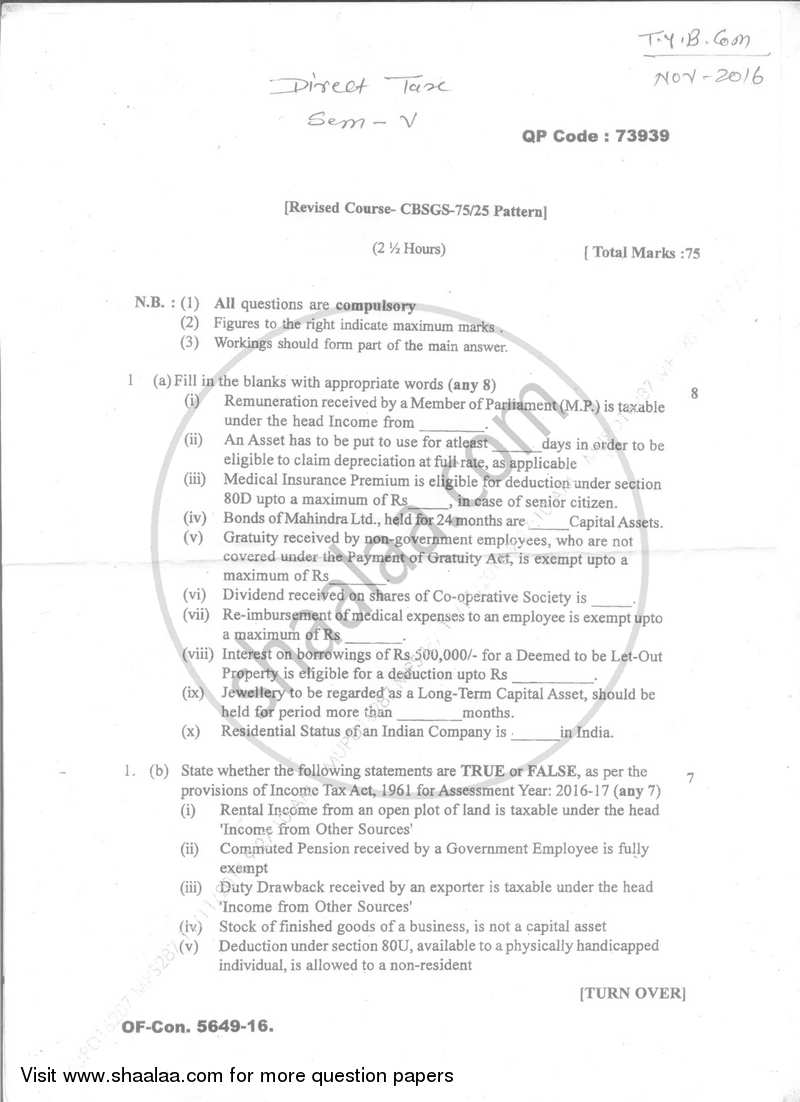 Direct and Indirect Taxation (Applied Component Group) 2016-2017 - B.Com. - Semester 5 (TYBcom) - University of Mumbai question paper with PDF download