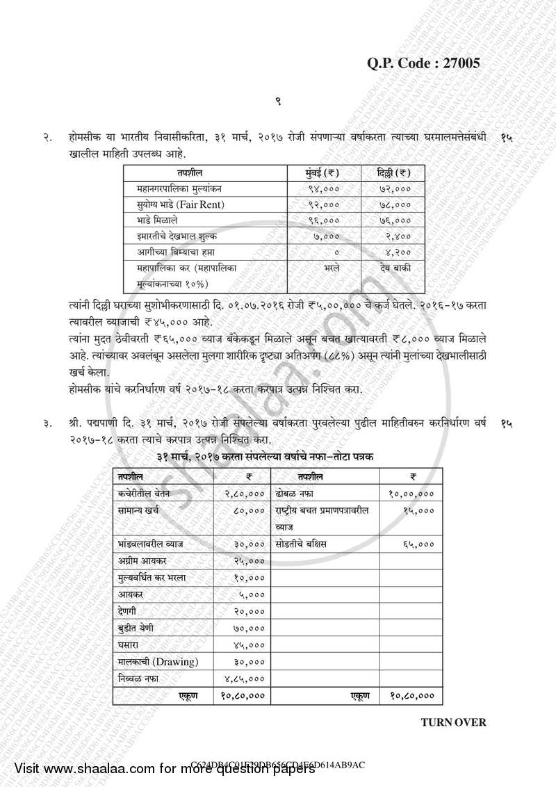 Direct and Indirect Taxation (Applied Component Group) 2017-2018 - B.Com. - Semester 5 (TYBcom) - University of Mumbai question paper with PDF download