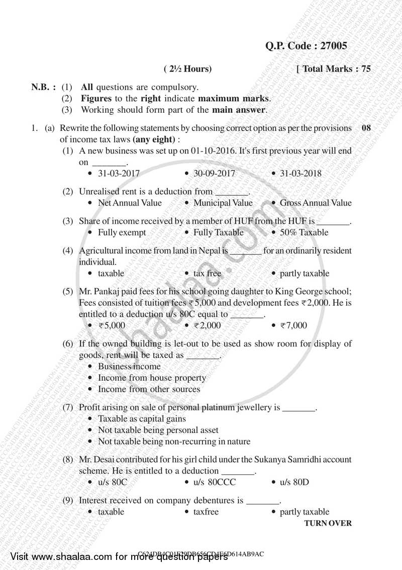 Direct and Indirect Taxation (Applied Component Group) 2017-2018 - B.Com. - Semester 5 (TYBcom) - University of Mumbai question paper with PDF download
