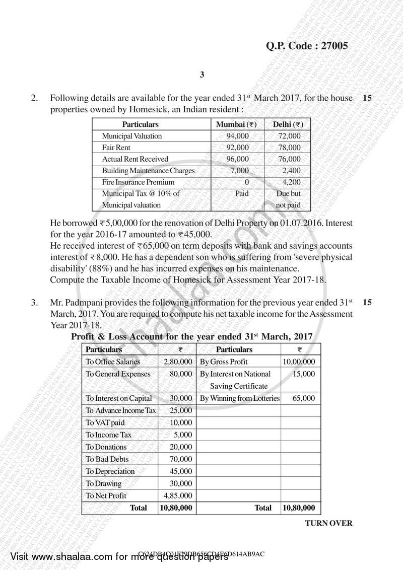 Direct and Indirect Taxation (Applied Component Group) 2017-2018 - B.Com. - Semester 5 (TYBcom) - University of Mumbai question paper with PDF download