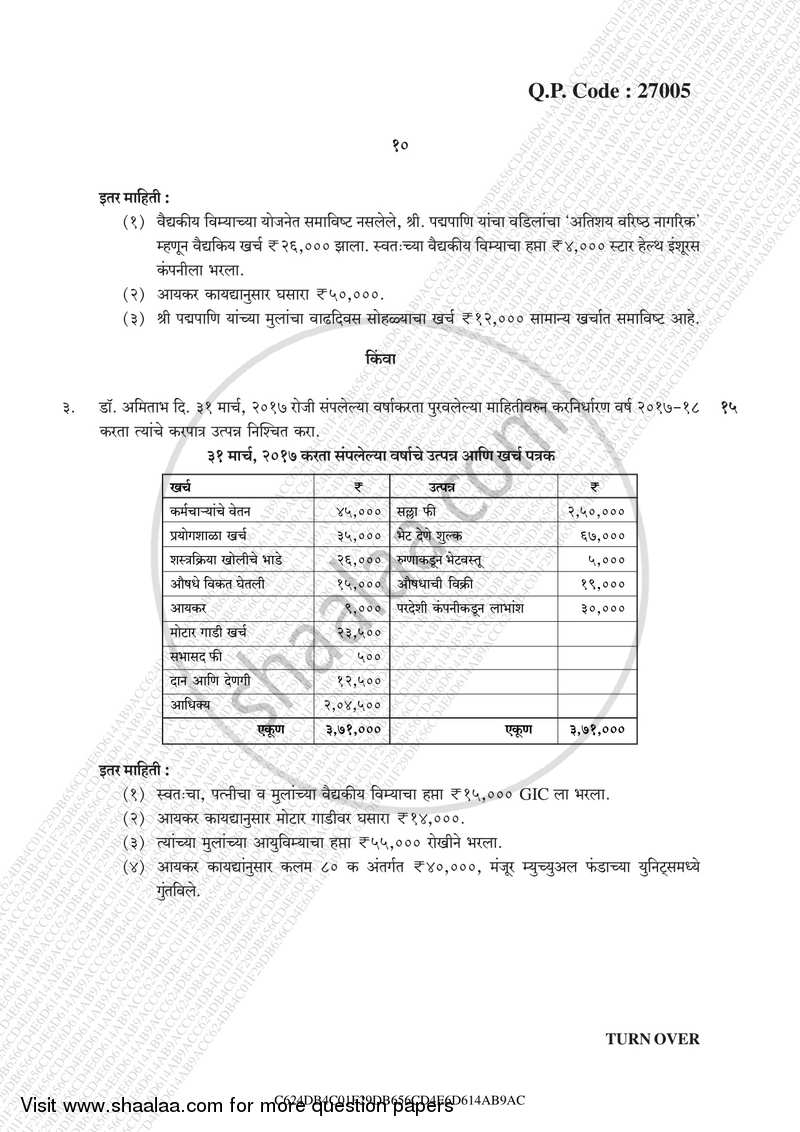 Direct and Indirect Taxation (Applied Component Group) 2017-2018 - B.Com. - Semester 5 (TYBcom) - University of Mumbai question paper with PDF download