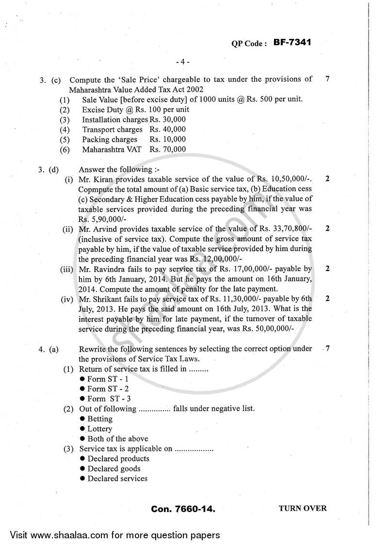 Direct and Indirect Taxation (Applied Component Group) 2013-2014 - B.Com. - Semester 6 (TYBcom) - University of Mumbai question paper with PDF download