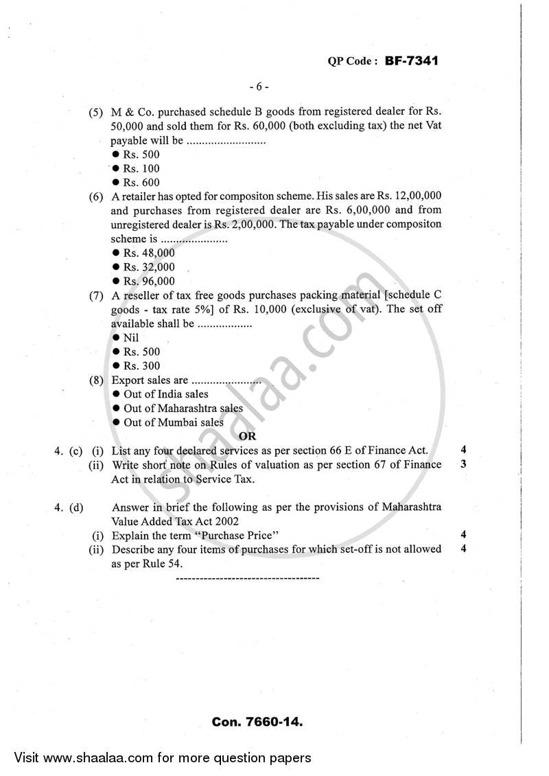 Direct and Indirect Taxation (Applied Component Group) 2013-2014 - B.Com. - Semester 6 (TYBcom) - University of Mumbai question paper with PDF download