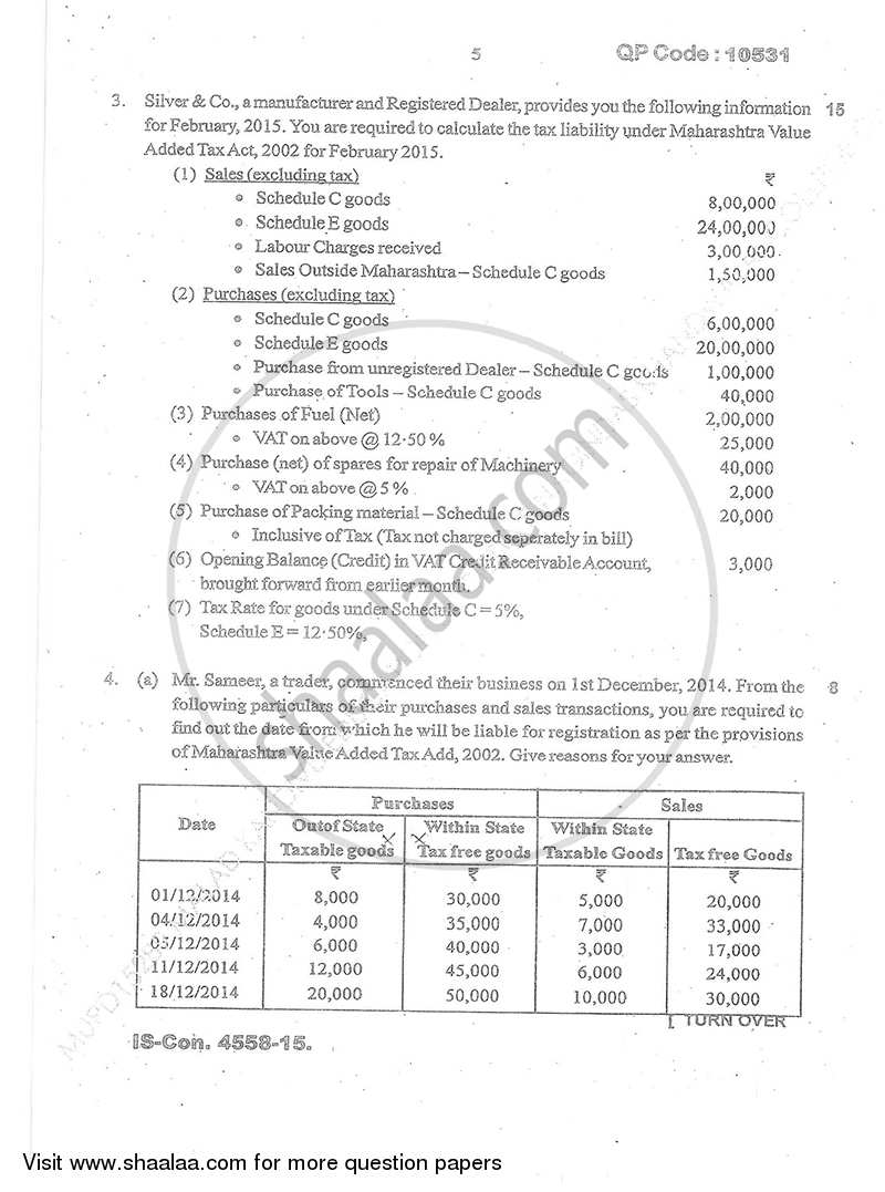 Direct and Indirect Taxation (Applied Component Group) 2014-2015 - B.Com. - Semester 6 (TYBcom) - University of Mumbai question paper with PDF download