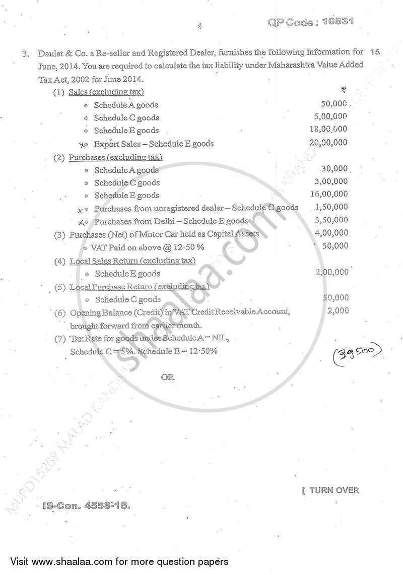Direct and Indirect Taxation (Applied Component Group) 2014-2015 - B.Com. - Semester 6 (TYBcom) - University of Mumbai question paper with PDF download