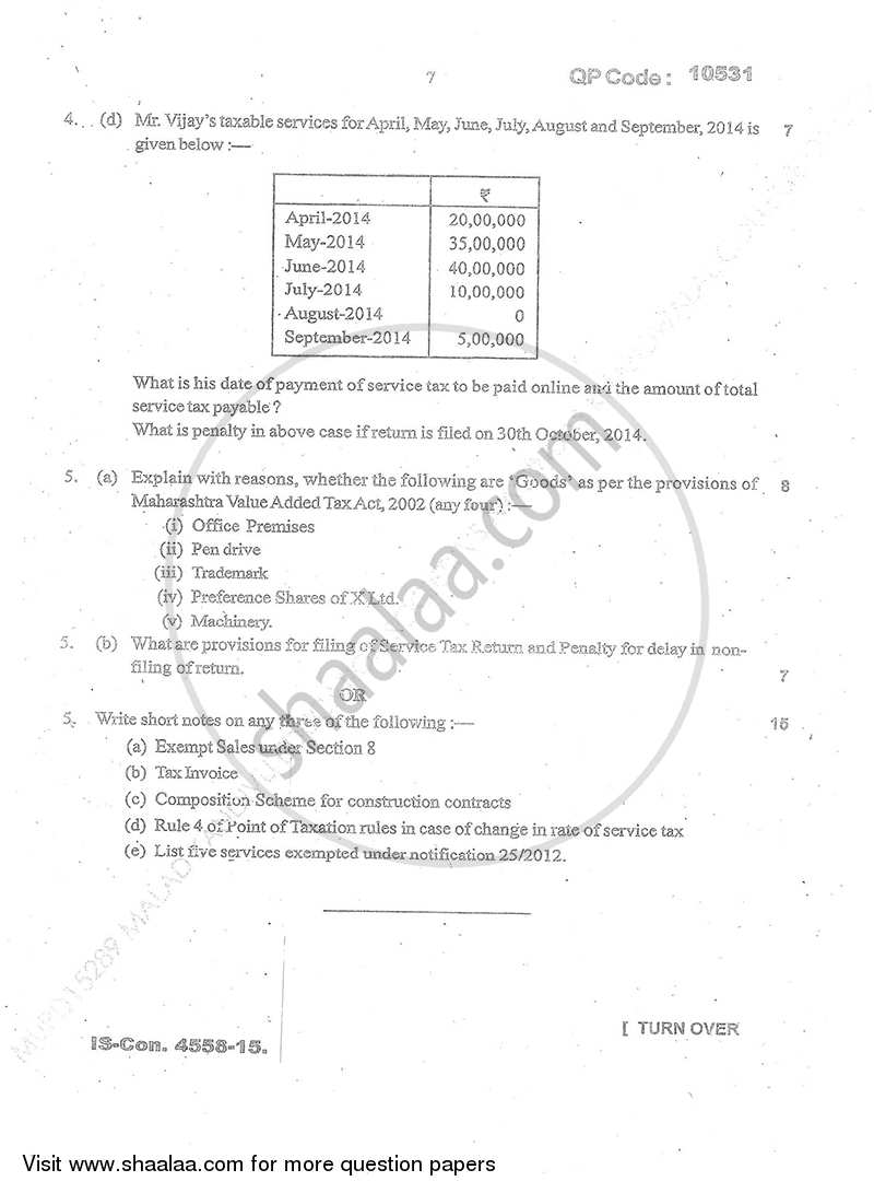 Direct and Indirect Taxation (Applied Component Group) 2014-2015 - B.Com. - Semester 6 (TYBcom) - University of Mumbai question paper with PDF download