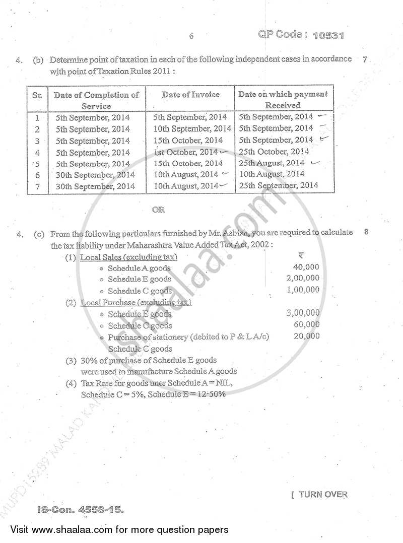 Direct and Indirect Taxation (Applied Component Group) 2014-2015 - B.Com. - Semester 6 (TYBcom) - University of Mumbai question paper with PDF download
