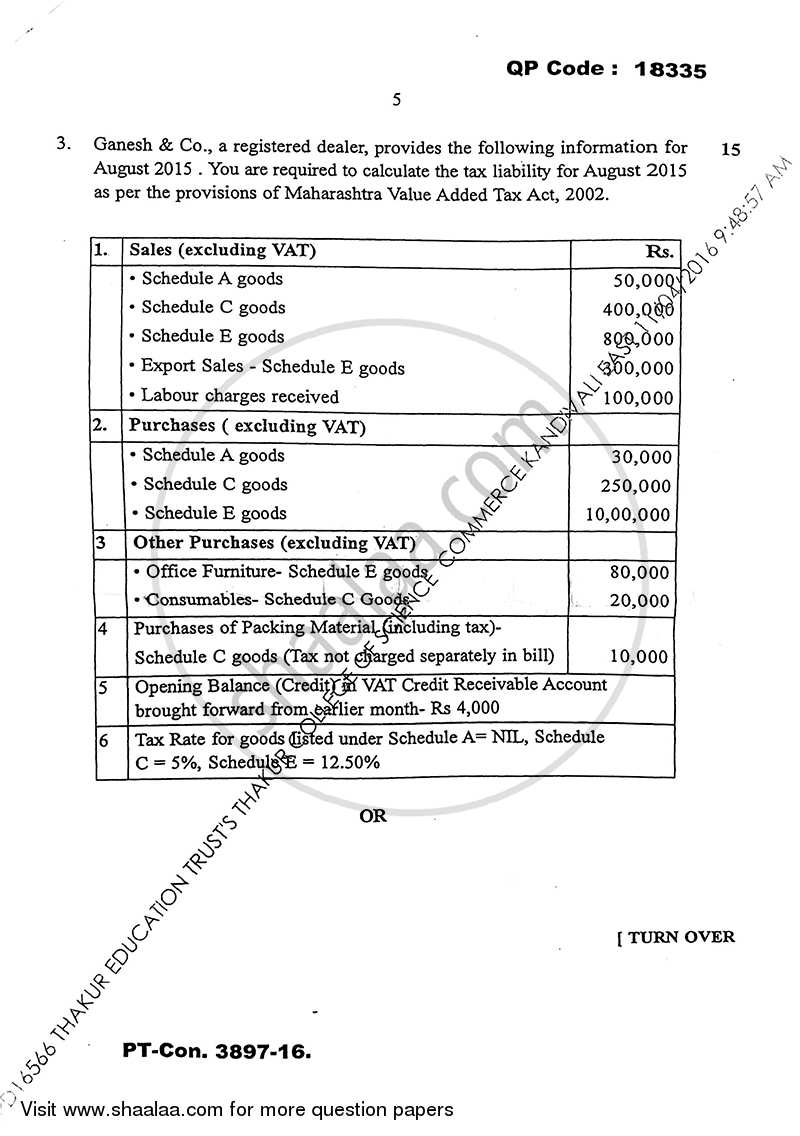 Direct and Indirect Taxation (Applied Component Group) 2015-2016 - B.Com. - Semester 6 (TYBcom) - University of Mumbai question paper with PDF download