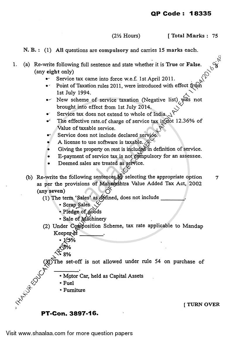 Direct and Indirect Taxation (Applied Component Group) 2015-2016 - B.Com. - Semester 6 (TYBcom) - University of Mumbai question paper with PDF download