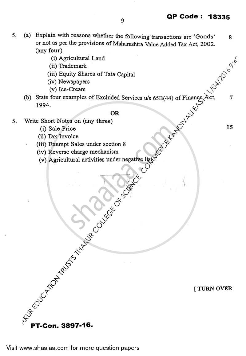 Direct and Indirect Taxation (Applied Component Group) 2015-2016 - B.Com. - Semester 6 (TYBcom) - University of Mumbai question paper with PDF download