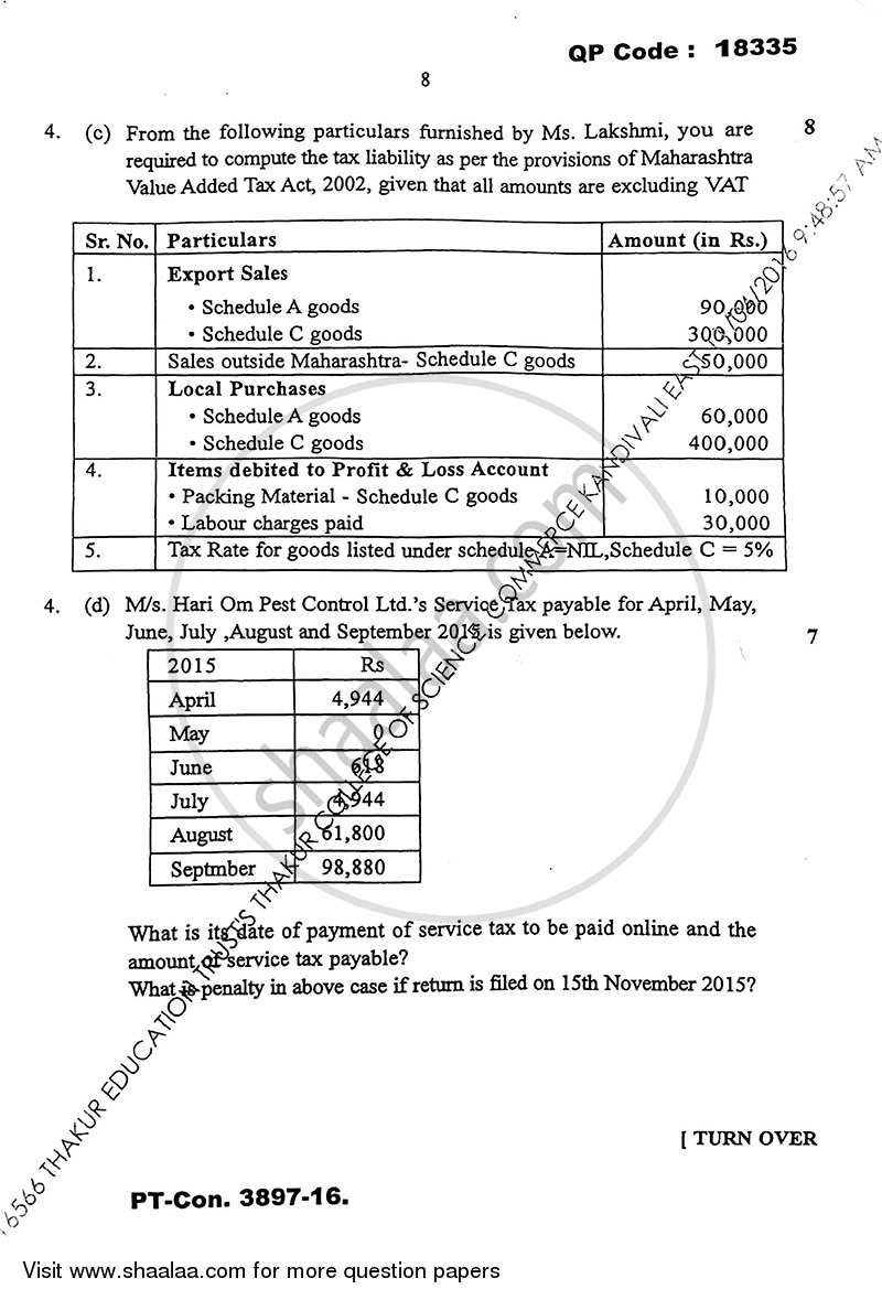 Direct and Indirect Taxation (Applied Component Group) 2015-2016 - B.Com. - Semester 6 (TYBcom) - University of Mumbai question paper with PDF download
