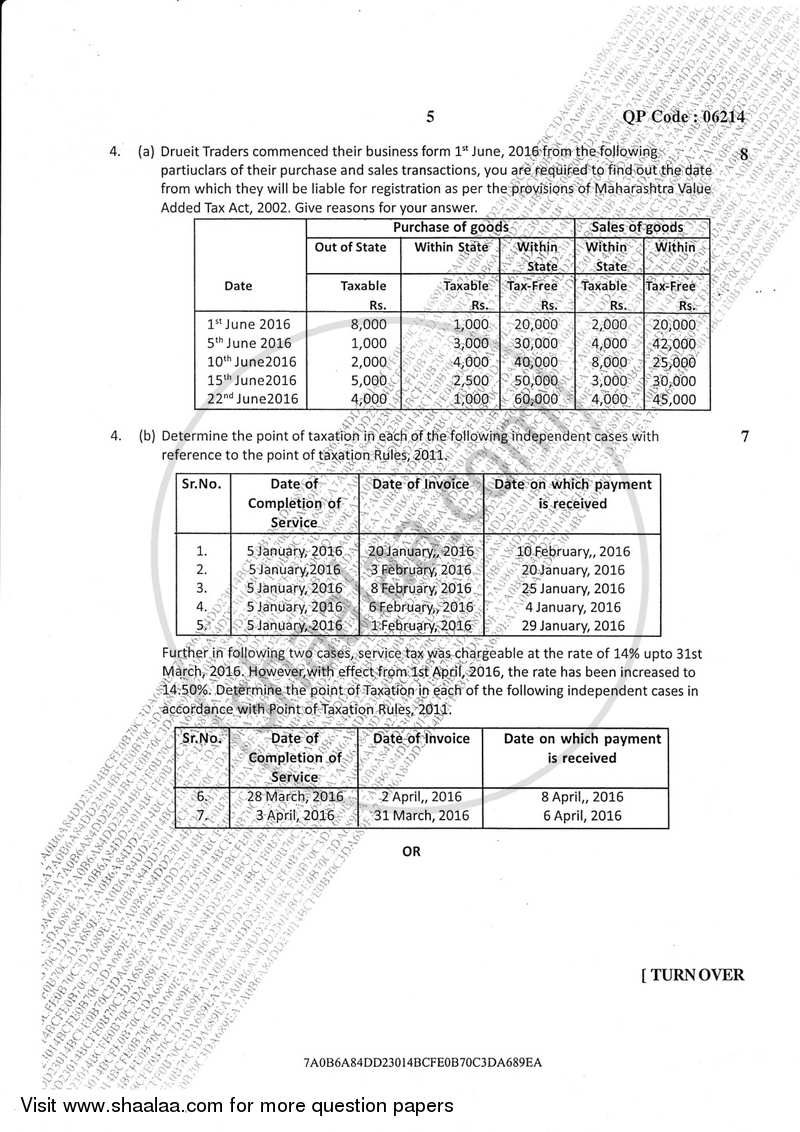 Direct and Indirect Taxation (Applied Component Group) 2016-2017 - B.Com. - Semester 6 (TYBcom) - University of Mumbai question paper with PDF download