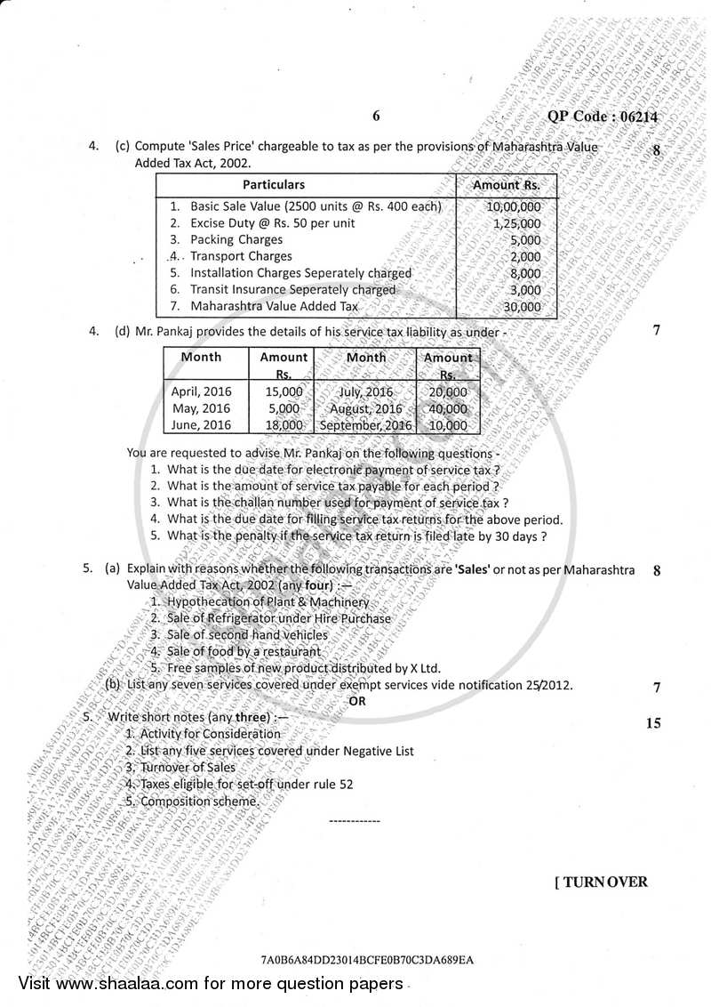 Direct and Indirect Taxation (Applied Component Group) 2016-2017 - B.Com. - Semester 6 (TYBcom) - University of Mumbai question paper with PDF download