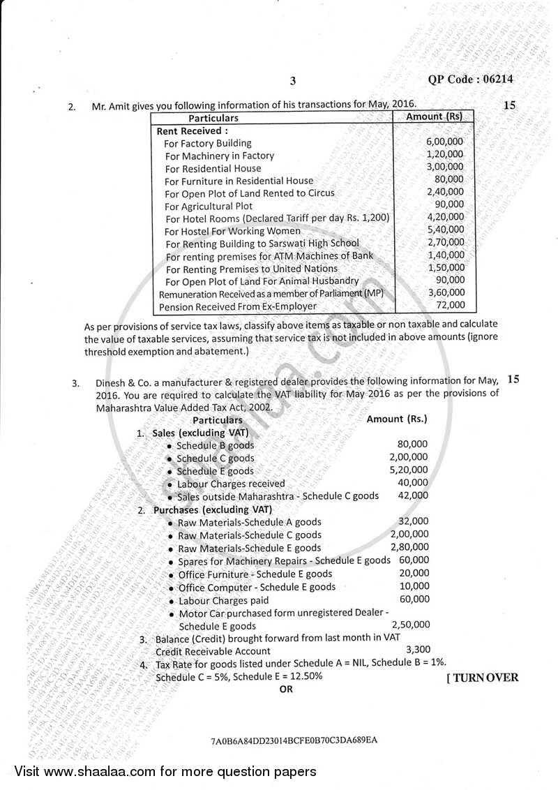 Direct and Indirect Taxation (Applied Component Group) 2016-2017 - B.Com. - Semester 6 (TYBcom) - University of Mumbai question paper with PDF download