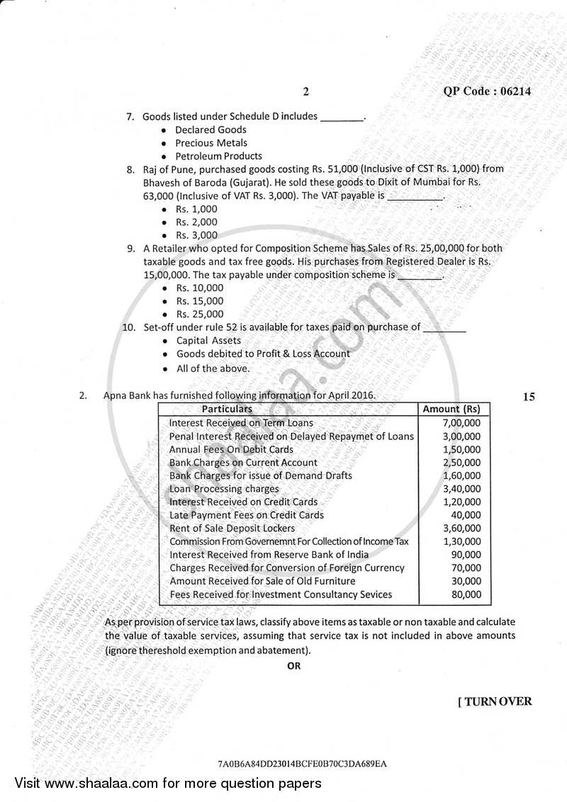 Direct and Indirect Taxation (Applied Component Group) 2016-2017 - B.Com. - Semester 6 (TYBcom) - University of Mumbai question paper with PDF download