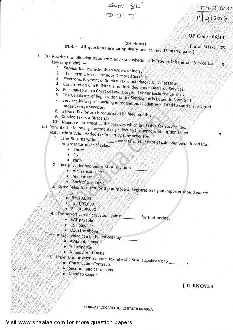 Direct and Indirect Taxation (Applied Component Group) 2016-2017 - B.Com. - Semester 6 (TYBcom) - University of Mumbai question paper with PDF download