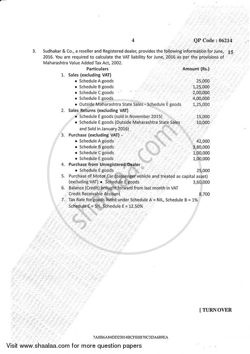 Direct and Indirect Taxation (Applied Component Group) 2016-2017 - B.Com. - Semester 6 (TYBcom) - University of Mumbai question paper with PDF download
