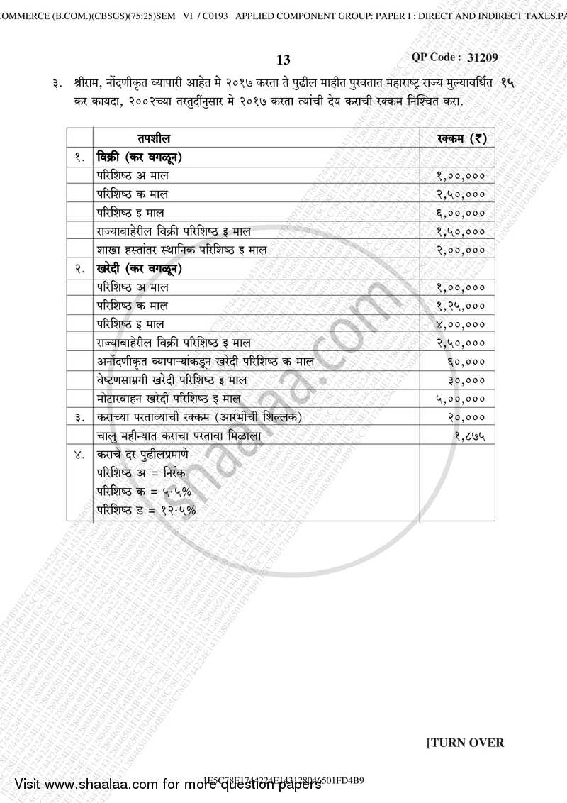 Direct and Indirect Taxation (Applied Component Group) 2017-2018 - B.Com. - Semester 6 (TYBcom) - University of Mumbai question paper with PDF download