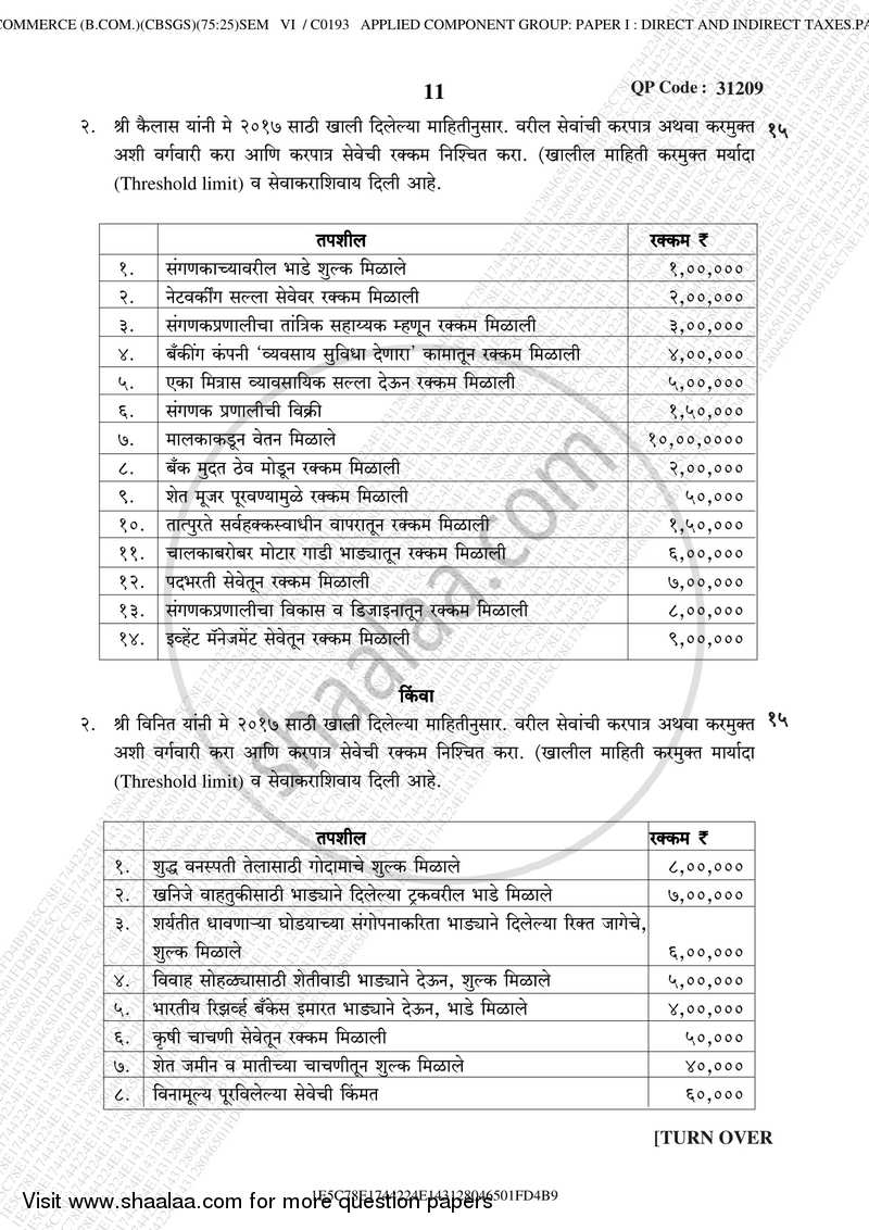 Direct and Indirect Taxation (Applied Component Group) 2017-2018 - B.Com. - Semester 6 (TYBcom) - University of Mumbai question paper with PDF download