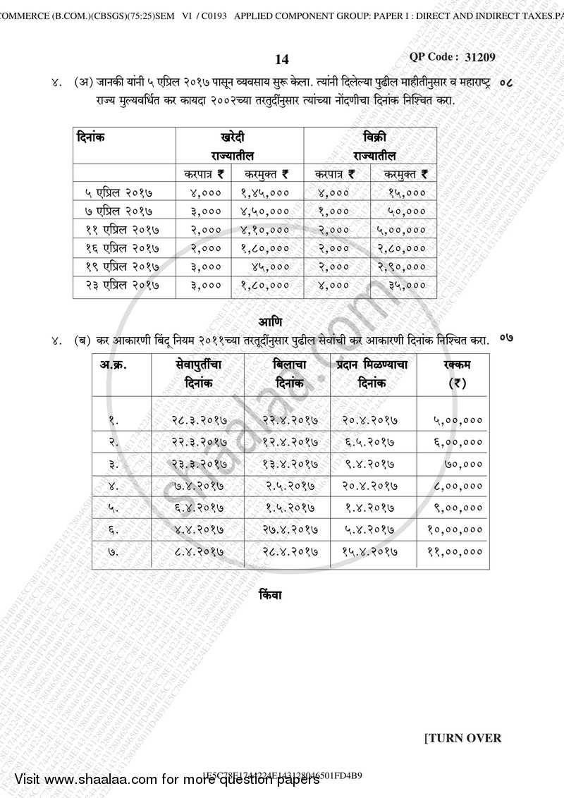 Direct and Indirect Taxation (Applied Component Group) 2017-2018 - B.Com. - Semester 6 (TYBcom) - University of Mumbai question paper with PDF download
