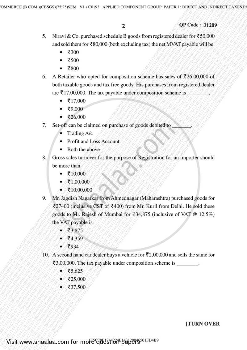 Direct and Indirect Taxation (Applied Component Group) 2017-2018 - B.Com. - Semester 6 (TYBcom) - University of Mumbai question paper with PDF download