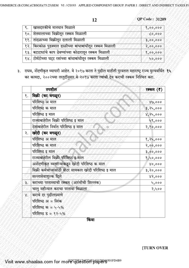 Direct and Indirect Taxation (Applied Component Group) 2017-2018 - B.Com. - Semester 6 (TYBcom) - University of Mumbai question paper with PDF download