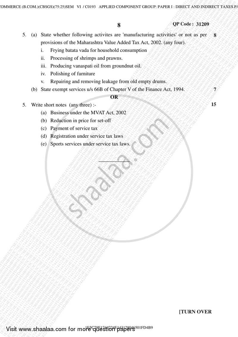 Direct and Indirect Taxation (Applied Component Group) 2017-2018 - B.Com. - Semester 6 (TYBcom) - University of Mumbai question paper with PDF download