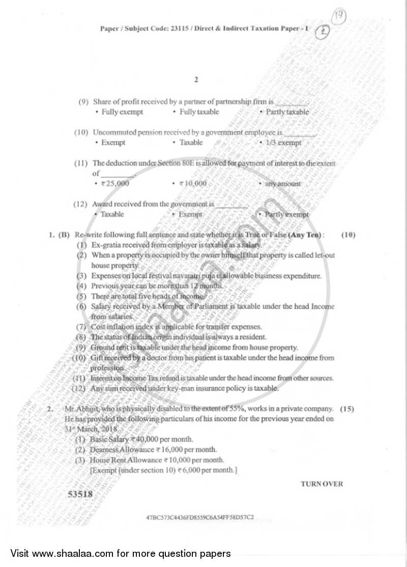 Direct and Indirect Taxation Paper 1 2018-2019 - B.Com. - Semester 5 (TYBcom) - University of Mumbai question paper with PDF download
