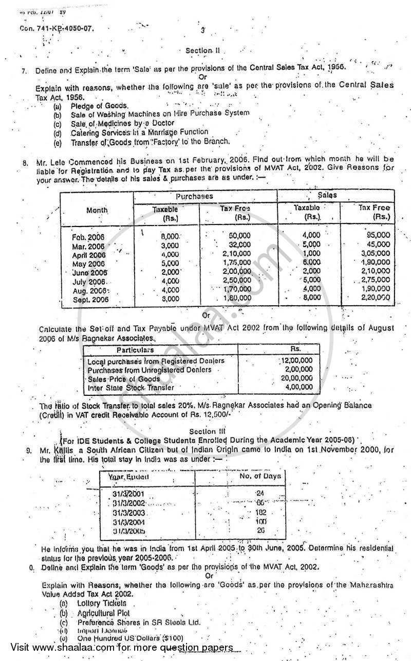Direct and Indirect Taxation 2006-2007 - B.Com. - 3rd Year (TYBcom) - University of Mumbai question paper with PDF download