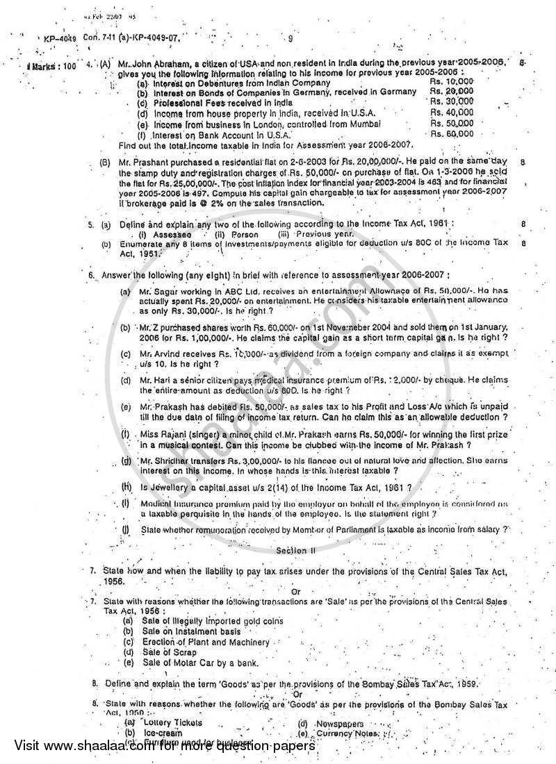 Direct and Indirect Taxation 2006-2007 - B.Com. - 3rd Year (TYBcom) - University of Mumbai question paper with PDF download