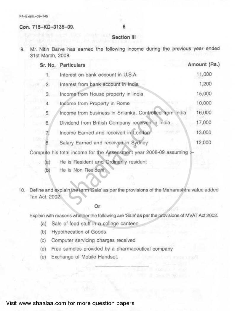 Direct and Indirect Taxation 2008-2009 - B.Com. - 3rd Year (TYBcom) - University of Mumbai question paper with PDF download