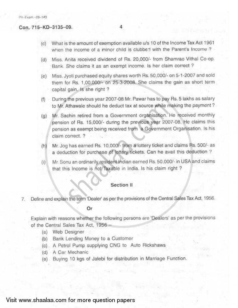 Direct and Indirect Taxation 2008-2009 - B.Com. - 3rd Year (TYBcom) - University of Mumbai question paper with PDF download