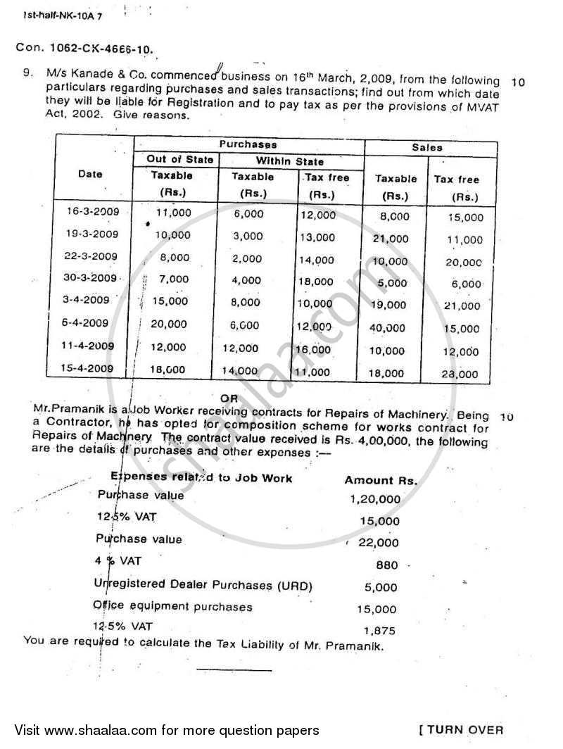 Direct and Indirect Taxation 2009-2010 - B.Com. - 3rd Year (TYBcom) - University of Mumbai question paper with PDF download